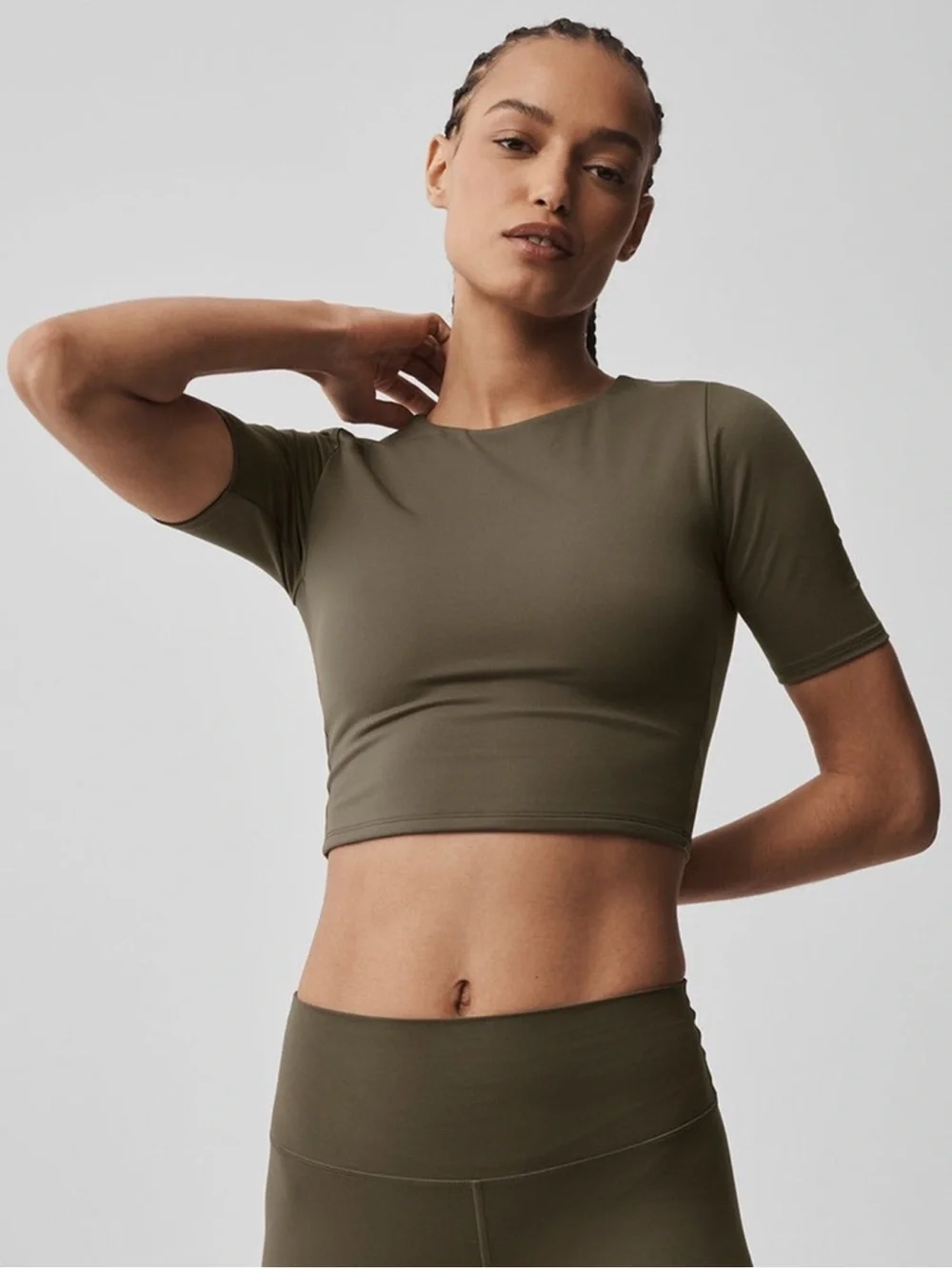 Alo Softsculpt Precision Half Sleeve Top in Olive Tree